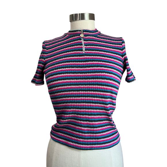 Y2K Vintage Striped Ribbed Cropped Half Zip Heart Charm Juniors Size L (12-14) - Picture 1 of 9